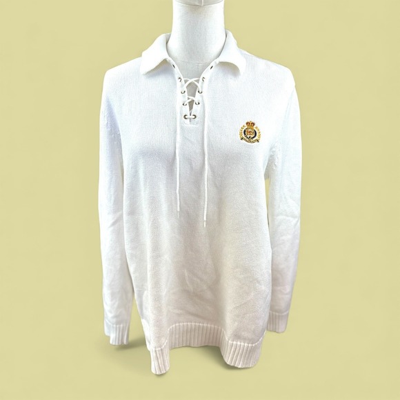 Lauren Ralph Lauren Sweaters - Lauren Ralph Lauren VTGE White Crest Logo Lace Up Collar Knit Sweater SZ Medium